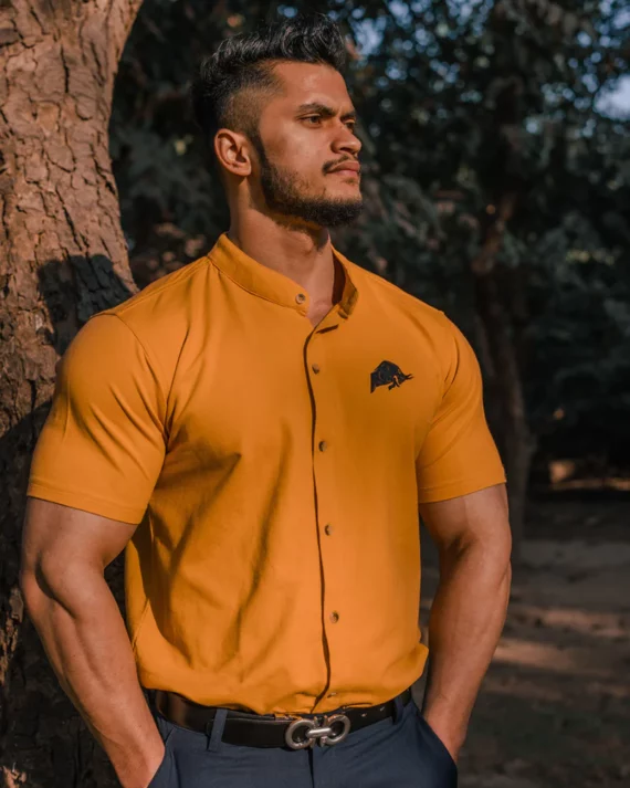 WILD VERVE SLIM STRETCH MUSTARD GRANDAD COLLAR SHIRT